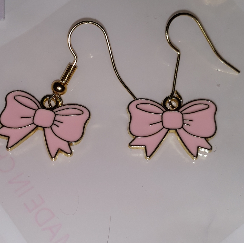 NEW Elegant Bow Dangle Earrings Gold Pl Pink Enamel ss Minimalist  Jewelry NWT